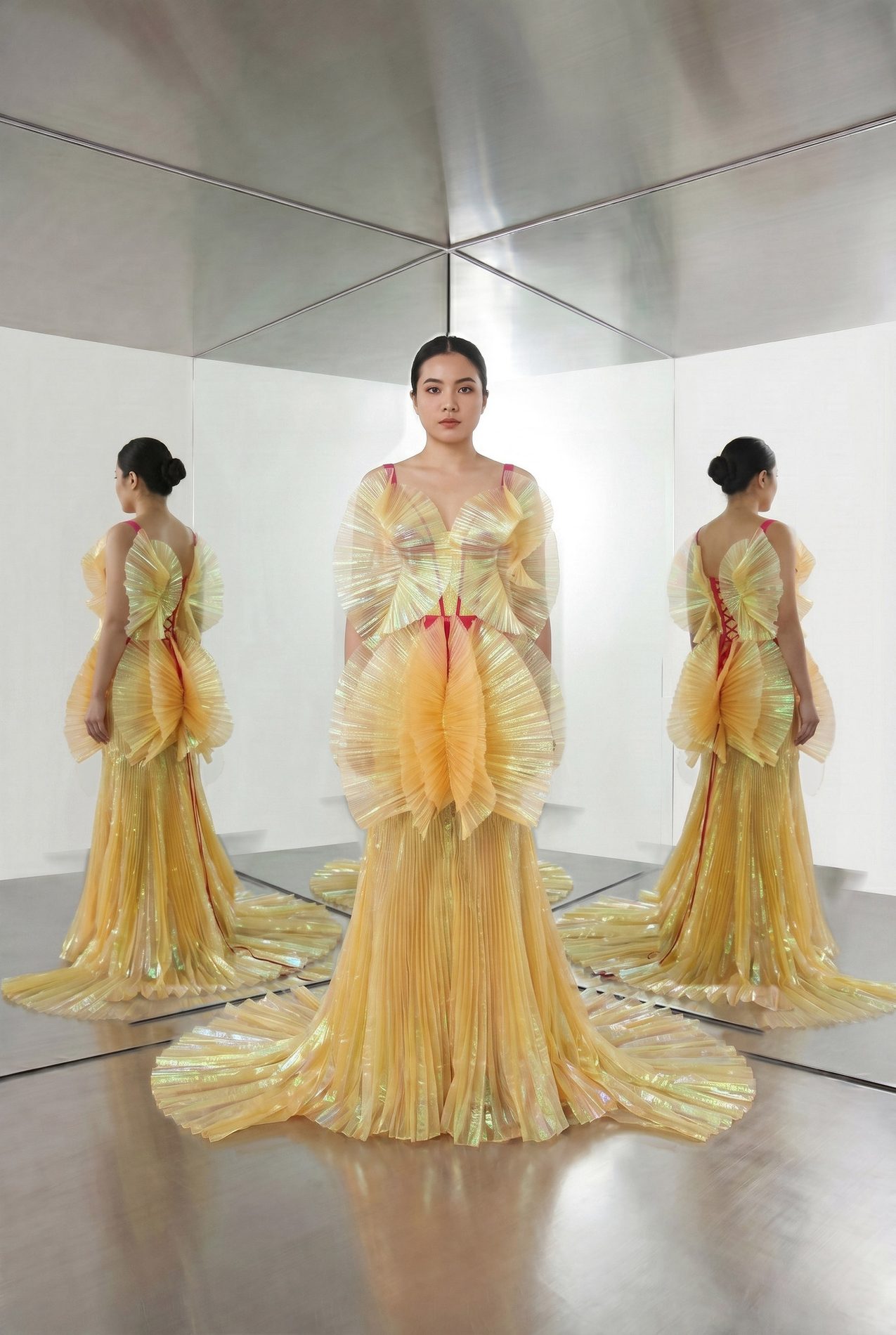 Sculptural pleated bespoke gown